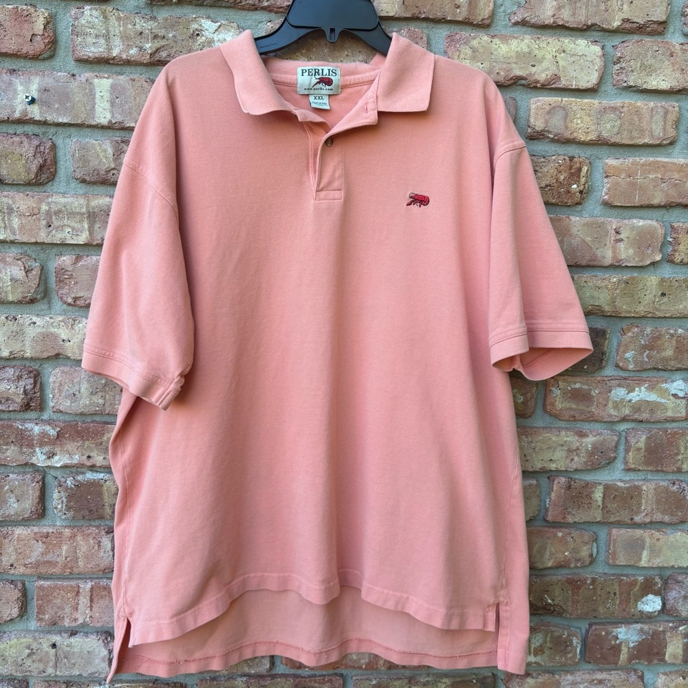 PERLIS VINTAGE CRAWFISH CAJUN LOUISIANA PEACH CORAL ORANGE SHORT SLEEVE POLO XXL